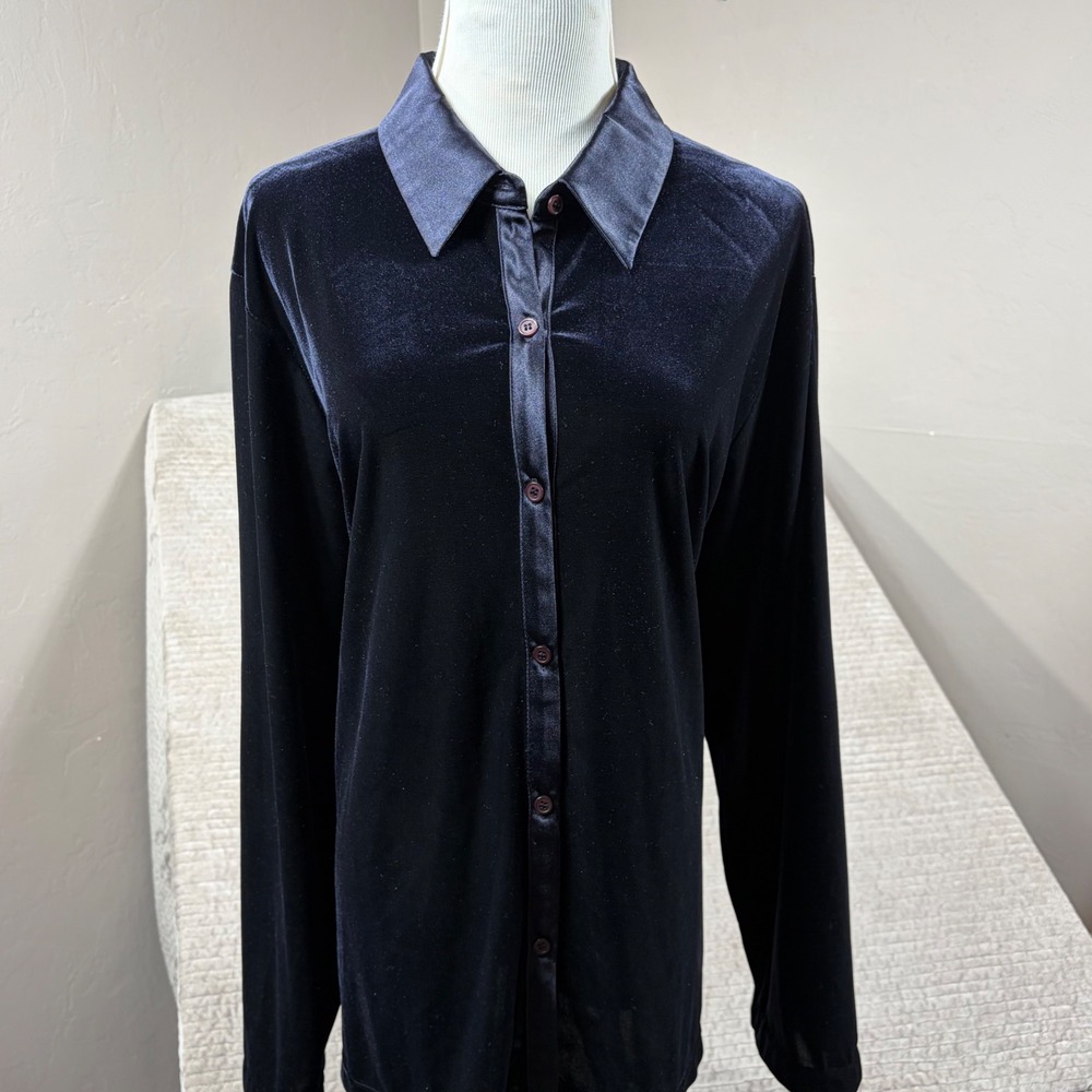 Talbots Navy Blue Velvet Pajama Set XL Button Down Top Wide Leg Pants Loungewear